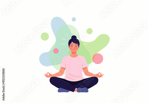 A serene Flat Design Ilustration Vector of a person meditating in a lotus position with colorful abstract shapes in the background, conveying a peaceful atmosphere.