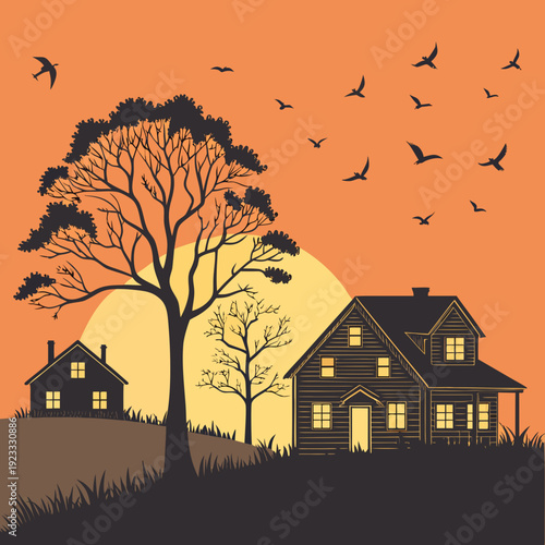 Twilight scene with silhouetted houses, trees and flying birds