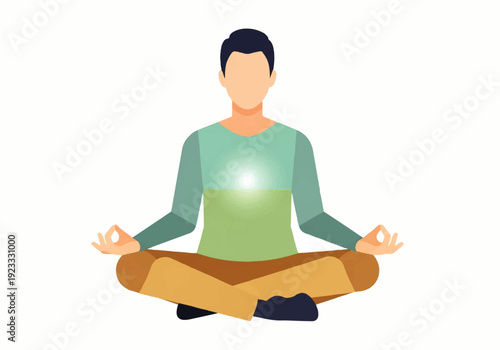 A serene Flat Design illustration of a man in a meditative pose, sitting cross-legged with hands in a yoga gesture, against a clean white background, conveying a peaceful mood.