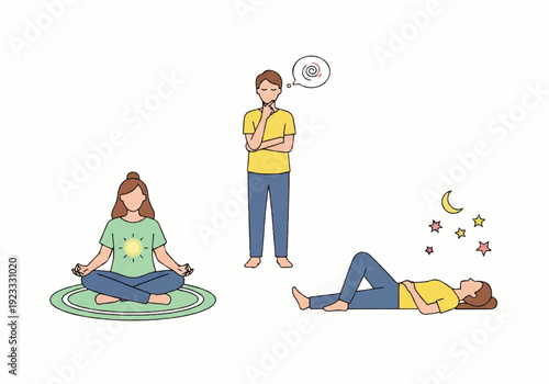 Flat design illustration vector of a woman meditating on a green mat, another woman lying on the ground with stars and a crescent moon above her, and a man standing with his arms crossed in