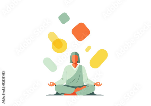 A serene woman in a green outfit sits in a lotus position with floating colorful shapes around her head in a flat design illustration vector.