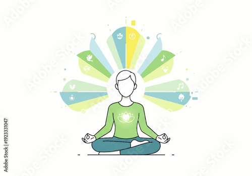 A serene person meditates in a lotus position with a vibrant, multicolored aura in a flat design illustration vector.
