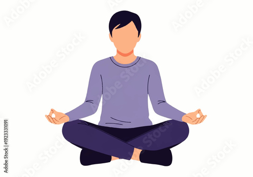 A serene Flat Design Ilustration Vector of a person meditating in a lotus position with a calm and peaceful mood against a clean white background.