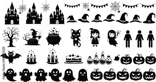 Black Silhouette Halloween Icon Set Featuring Haunted Castles, Witches, Ghosts, Jack-O-Lantern Pumpkins, Bats, and Spooky Characters for Holiday Graphic Design