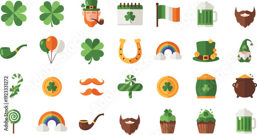 Flat Vector Illustration Set of St. Patrick's Day Icons Including Leprechaun, Four-Leaf Clovers, Pot of Gold, Rainbows, Horseshoe, and Green Beer for Irish Holiday Designs
