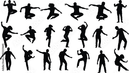 Dancing people silhouette set vector illustration featuring jumping moving party poses isolated black human motion celebration collection design