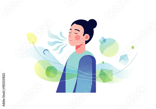 A serene Flat Design Ilustration Vector of a young woman surrounded by swirling green and blue shapes and lines, exuding a sense of calmness against a clean white background.