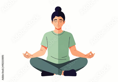 A serene Flat Design Ilustration Vector of a young woman meditating in a lotus position with her eyes closed against a clean white background.