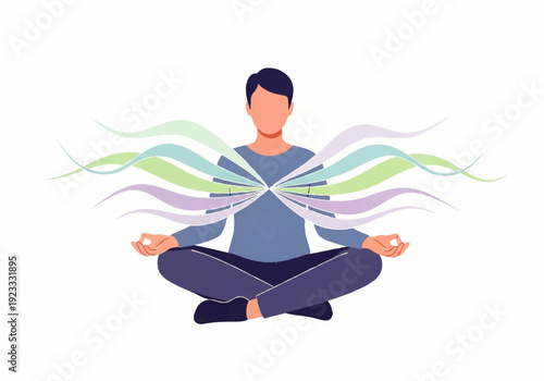 A serene man meditates in a lotus position with colorful, flowing lines emanating from his body in a flat design illustration vector against a clean white background.