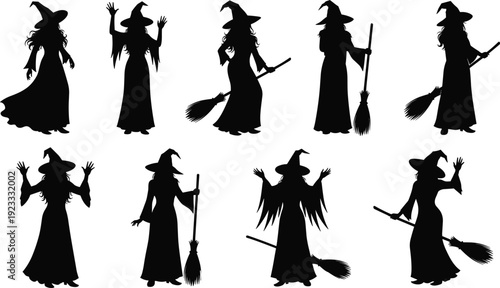 Halloween witch silhouette set vector illustration featuring magic broom female sorcerer characters isolated black spooky fantasy design collection