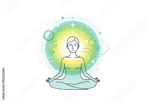 A serene woman meditates in lotus position within a vibrant, gradient green and yellow aura, surrounded by floating shapes and stars in a flat design illustration vector.