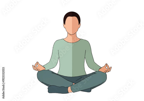A serene Flat Design Ilustration Vector of a man sitting in a meditative lotus position with hands in a calming gesture against a clean white background.