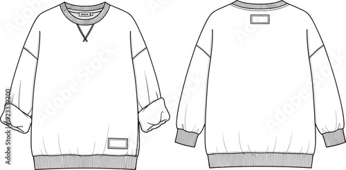Oversized sweatshirt vector template, front and back view, long sleeve crew neck pullover fashion technical flat sketch illustration