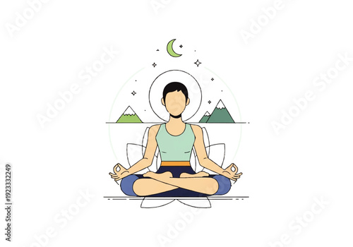A serene Flat Design Ilustration Vector of a meditating person in a lotus position with a peaceful background, conveying a sense of calmness and relaxation.