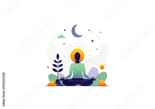 A serene Flat Design Ilustration Vector of a meditating person in a lotus position with a halo, surrounded by abstract shapes and celestial elements.
