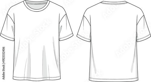 Men t shirt technical drawing front and back view, short sleeve casual apparel flat sketch vector template