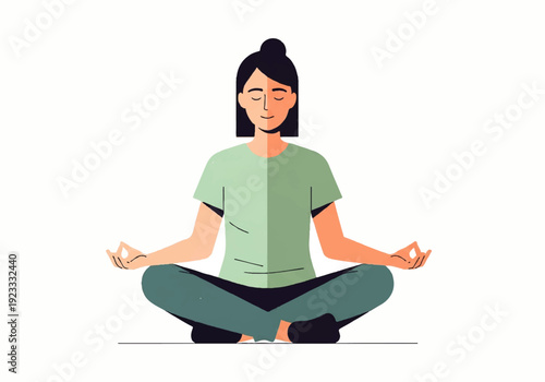 A serene woman in a green outfit sitting cross-legged in a meditative pose, depicted in a minimalist flat design illustration vector style against a clean white background.