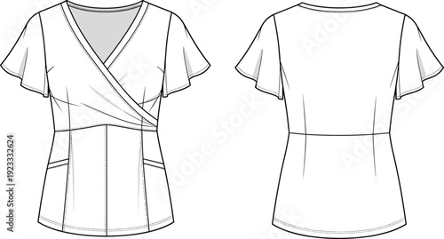 Women wrap blouse technical drawing front and back view, short sleeve fashion flat sketch isolated on white background
