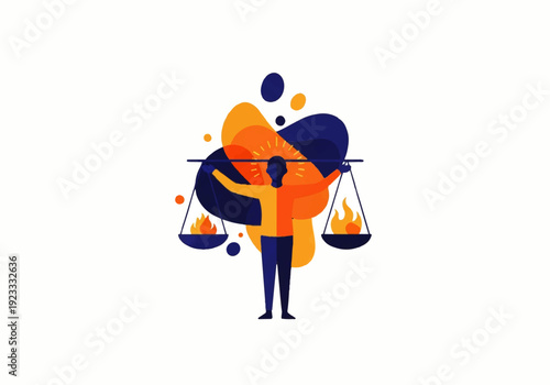 Flat design illustration vector of a person balancing scales with fire in a creative, abstract composition.