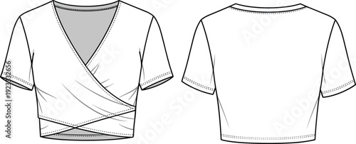 Women wrap crop top vector template, front and back view, short sleeve V neck fashion technical flat sketch illustration