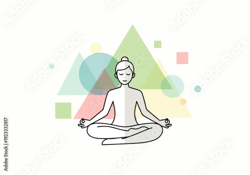 A serene woman meditates in a lotus position within a minimalist flat design illustration vector featuring geometric shapes.