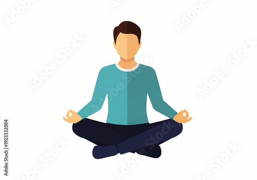 A minimalist Flat Design Ilustration Vector of a man meditating in a lotus position with a calm and serene mood against a clean white background.