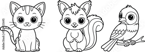 Cute animal coloring book vector set featuring a kitten squirrel and bird with bold outlines isolated on white background for kids education and activity