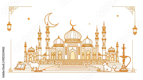 Elegant golden islamic line art illustration featuring mosque, crescent, lantern, quran, prayer hands, sheep, and decorative ornaments. Minimal white background with ramadan theme
