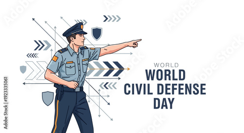 Illustration of a civil defense officer pointing with geometric shapes and icons for World Civil Defence Day on a white background.