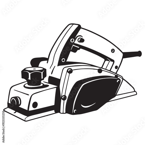 Black and white line art illustration of an electric wood planer tool. Detailed hand-drawn woodworking equipment isolated on light background.