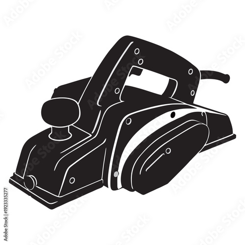 Black and white line art illustration of an electric wood planer tool. Detailed hand-drawn woodworking equipment isolated on light background.
