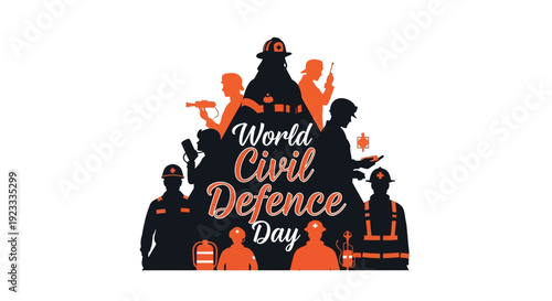 World Civil Defence Day vector illustration with orange and black silhouettes of people in various emergency response roles on a white background.
