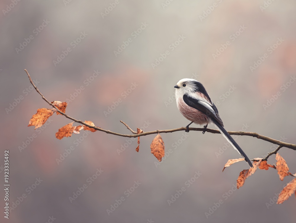 Obraz premium Long-tailed tit perched on autumn branch with faded leaves nature photography soft color palette