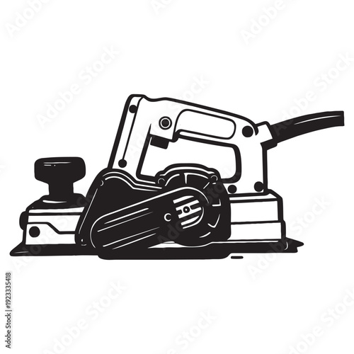 Black and white line art illustration of an electric wood planer tool. Detailed hand-drawn woodworking equipment isolated on light background.