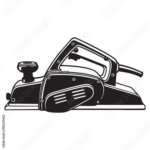 Black and white line art illustration of an electric wood planer tool. Detailed hand-drawn woodworking equipment isolated on light background.