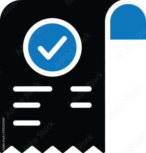 A blue and white icon of a receipt with a checkmark