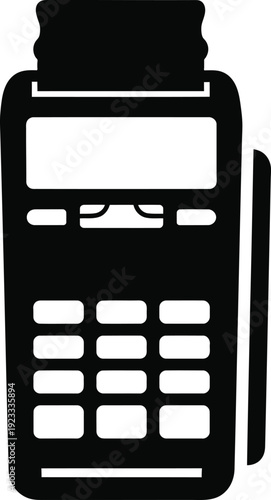 Black and white image of a payment terminal with keypad and screen