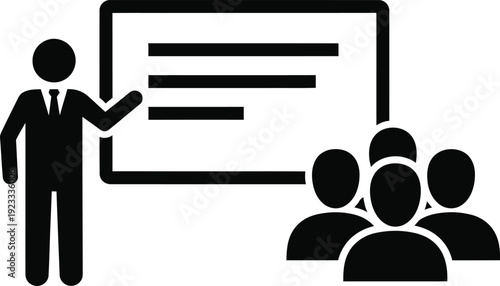 Businessman presenting to a group of people in front of a large screen