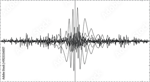 Seismic waveform signal visualization, earthquake data analysis graph, audio frequency oscillation, scientific measurement chart, black and white line illustration background