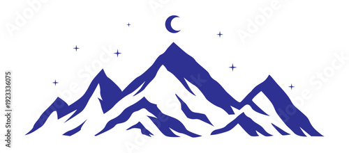 Minimalist Night Mountain Vector Illustration with Moon and Stars, Modern Outdoor Landscape Design