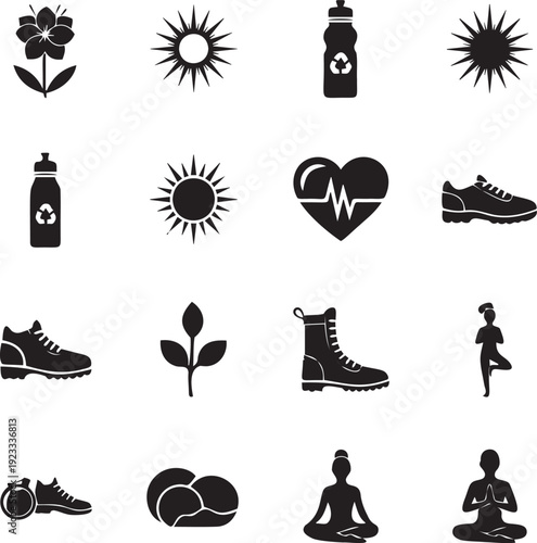 Healthy lifestyle icon set with exercise yoga and nature elements for wellness promotion and fitness tracking mobile application