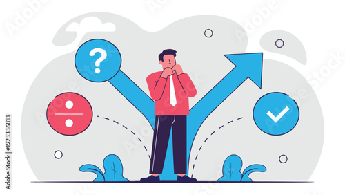 Businessman standing confused at a crossroads with branching arrows, considering a choice between options.
