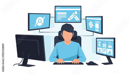 A person working efficiently with multiple computer monitors displaying various digital interfaces.