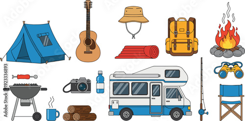 Outdoor Camping Adventure Vector Icon Set Featuring Recreational Vehicle, Tent, Campfire, Grill, Guitar, Backpack, Fishing Rod, and Hiking Equipment for Summer Travel