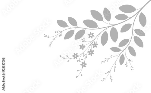 Elegant Leafy Twig with Small Floral Corner Elements Shadow Vector Illustration Minimal Nature Design Isolated on White Background