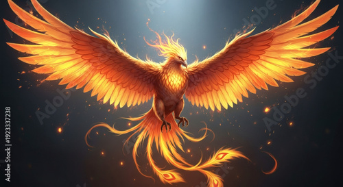 Illustration of a majestic mythical phoenix, a firebird with wings ablaze in orange and red flames, symbolizing fiery rebirth and eternal renewal