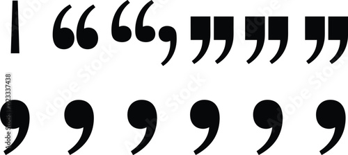 Black quotation marks set, comma and apostrophe punctuation icons, speech bubbles symbols, text formatting elements, grammar signs vector illustration, editorial.