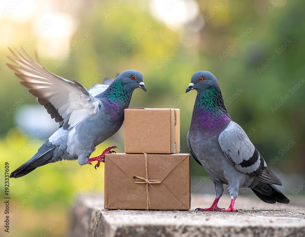 Fototapeta premium Two pigeons interact with wrapped packages on a stone surface outdoors