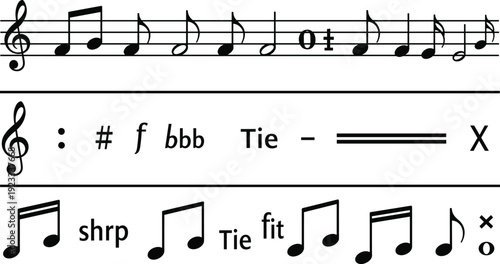 Business management icons, Islamic calligraphy with mosque, music notation notes, geometric patterns, web symbols, team collaboration, leadership hierarchy, and Ramadan greetings.