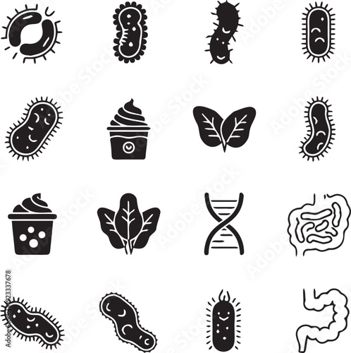 Set of probiotic icons, bacteria, microorganism, healthy gut, digestive system, gut flora vector illustration